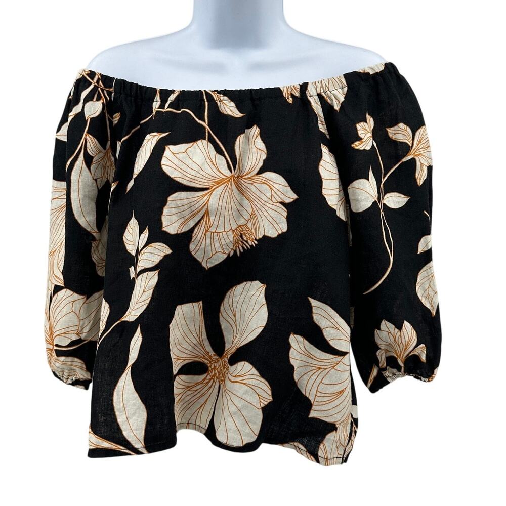 Cynthia Rowley Linen Top WMNS S Black Beige Floral Off the Shoulder Puff Sleeve